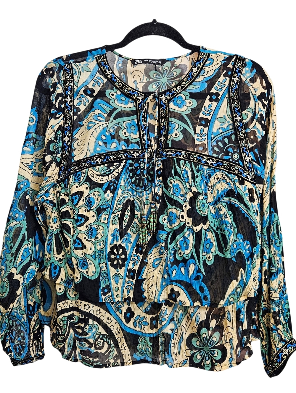Zara Bohemian Paisley Semi-Sheer V Neck Ruffle Blouse Velvet Embroidered Trim XS